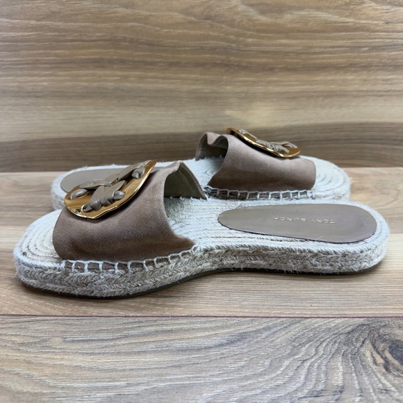 Tory Burch Double T Sandals 7 M Beige Suede Gold Logo Espadrille Slides - Picture 6 of 12